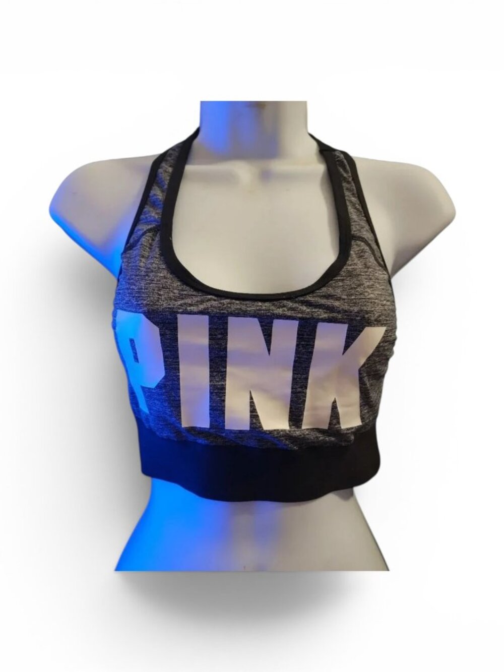 Victoria’s Secret PINK Sports Bra Medium Gray Black Racerback Athletic Logo Bra